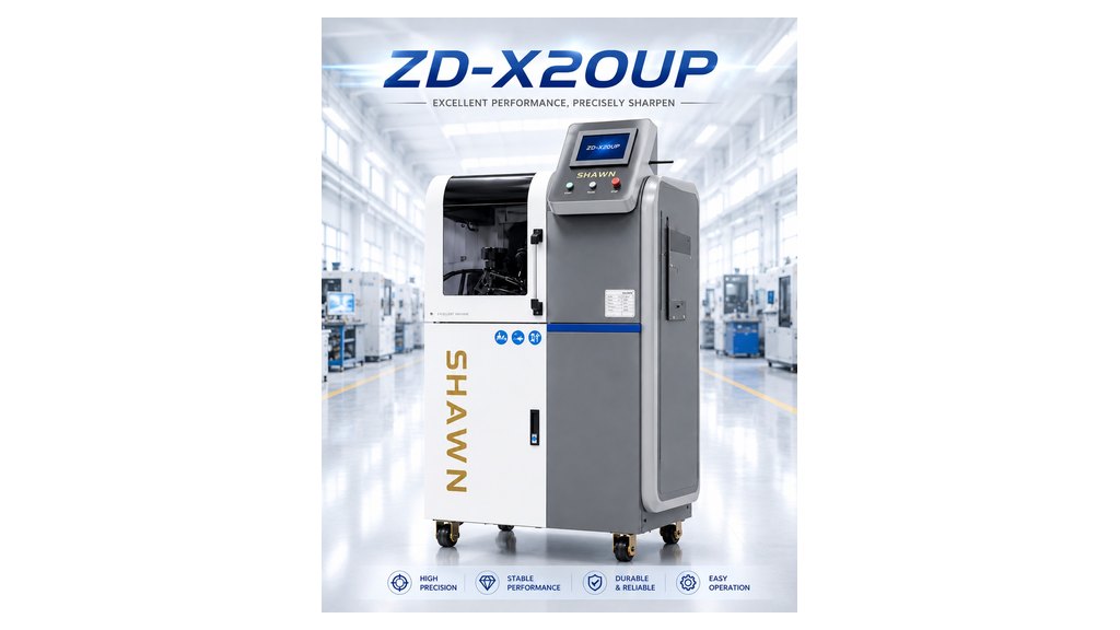 เครื่องลับทูลส์อัตโนมัติ SHAWN ZD-X20UP ตัวเครื่องสีขาว-เทา มีหน้าจอควบคุมและช่องมองการลับ ตั้งบนพื้นหลังสีขาว